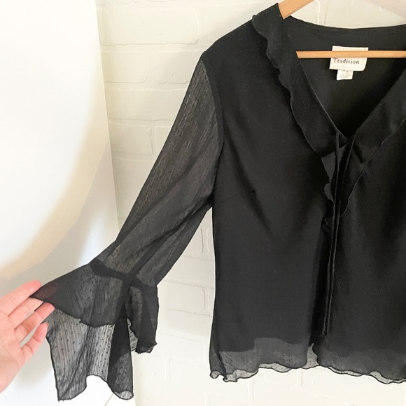 Vintage Blouse Sheer Flare sleeve Dark Romantic Ruffled Fairy Polka dot Sz 14 - Picture 4 of 15